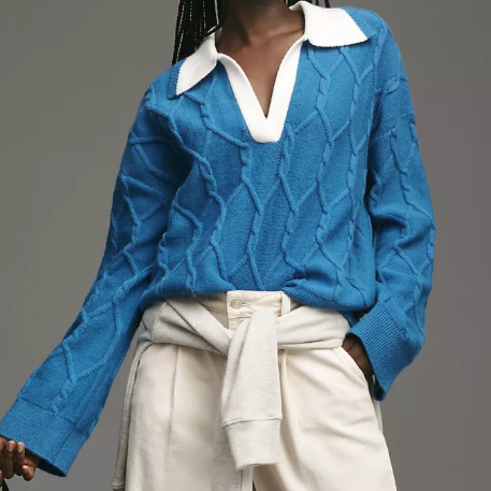 Anthropologie Blue Cable Knit V-Neck Sweater